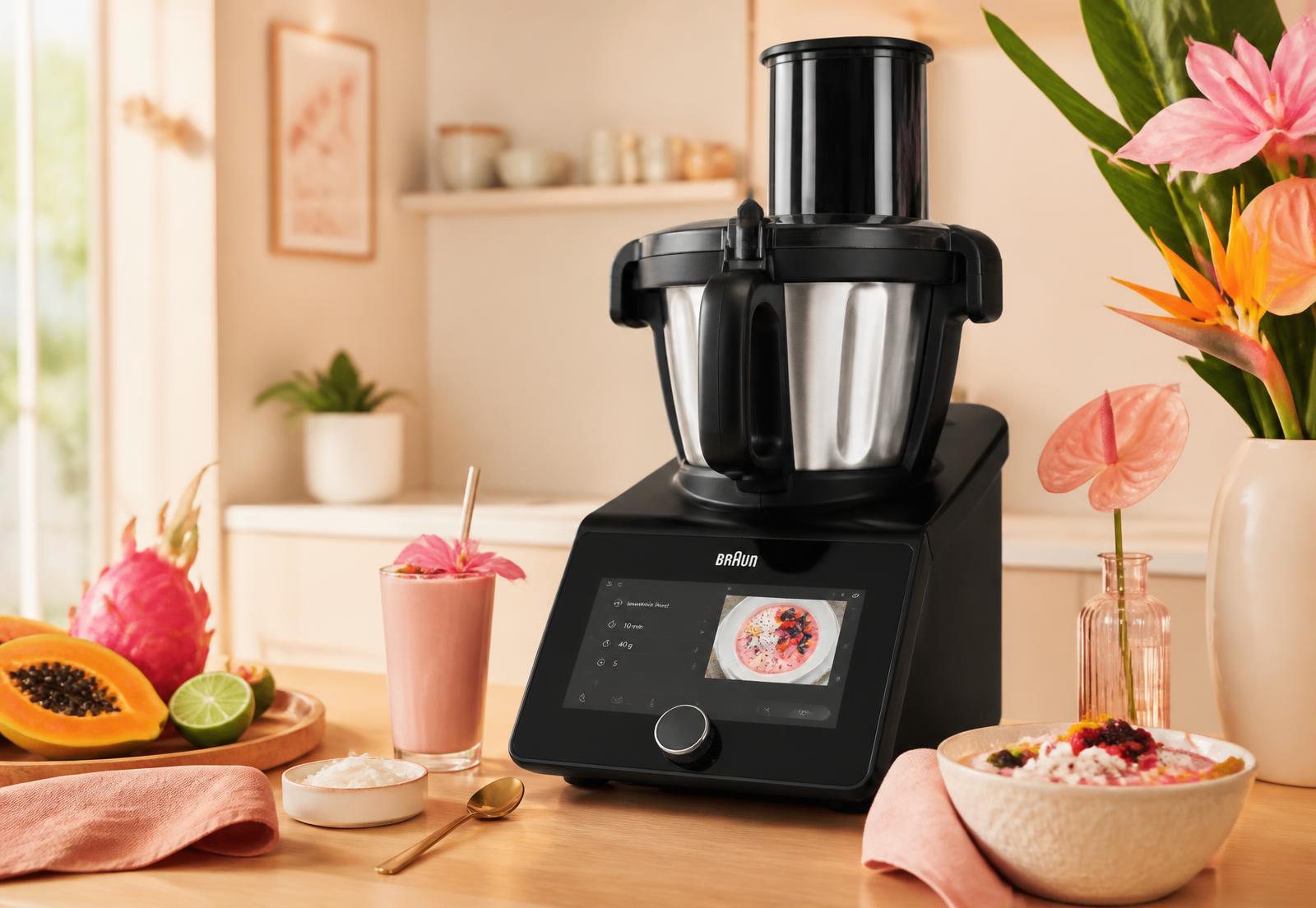 Thermomix TM7 posé sur un plan de travail estival avec fruits et fleurs